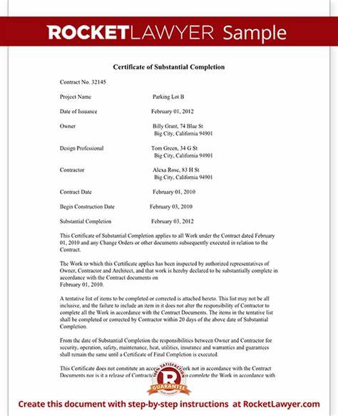 Certificate Of Substantial Completion Template