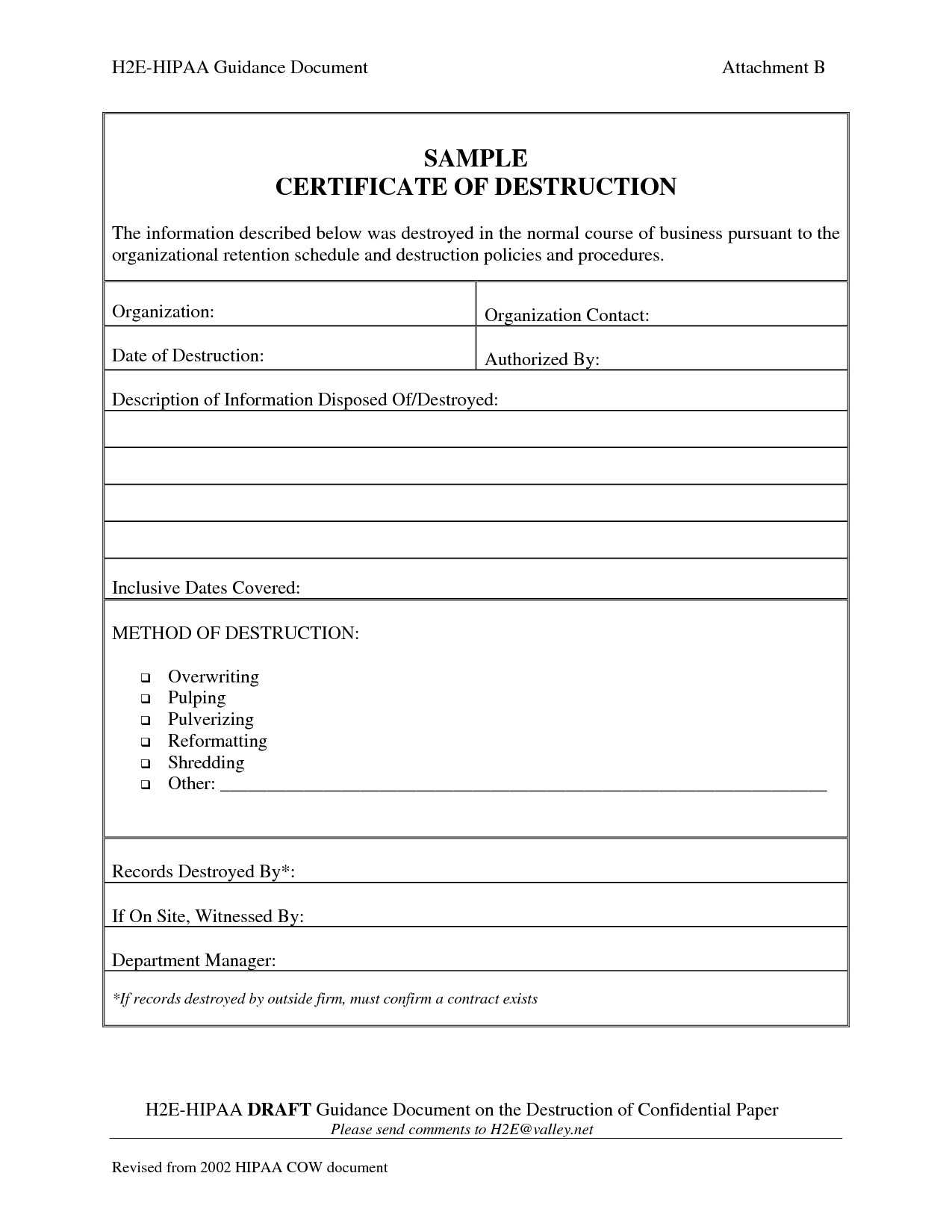 001 Template Ideas Certificate Of Destruction Frightening Data pertaining to Certificate Of Disposal Template