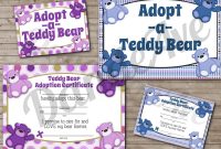 Adopt-A-Teddy Bear Adoption Certificate And Sign Set – Purple & Blue with Toy Adoption Certificate Template