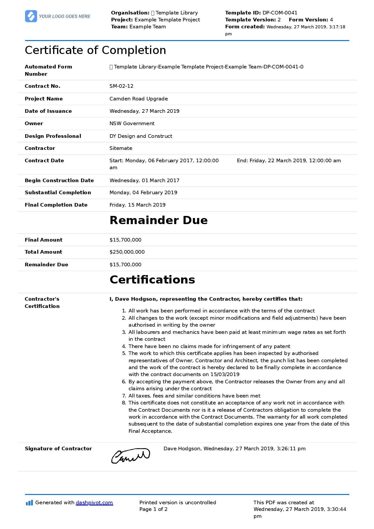 Certificate Of Completion For Construction (Free Template + Sample) intended for Certificate Of Completion Template Construction