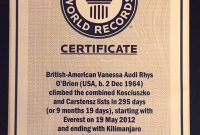 Climbing Certificates – Vanessa O'brien for Guinness World Record Certificate Template