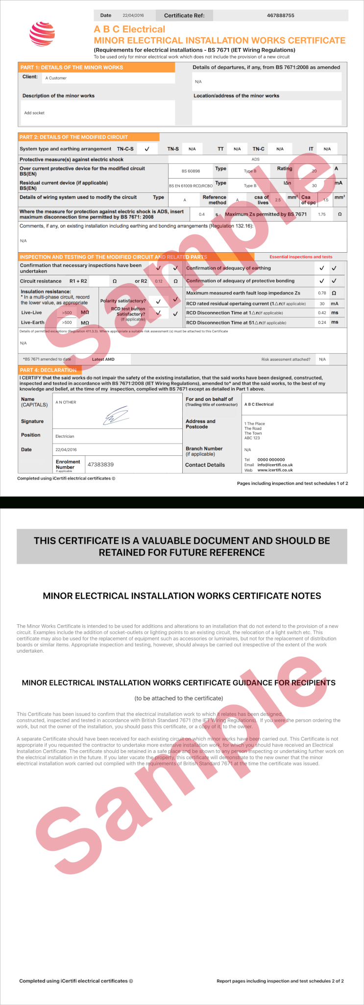 Electrical Certificate - Example Minor Works Certificate - Icertifi for Electrical Minor Works Certificate Template