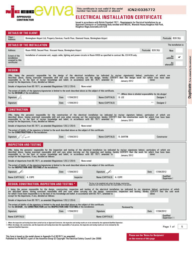 Samples Of Electrical Certificate - Fill Online, Printable, Fillable for Electrical Installation Test Certificate Template