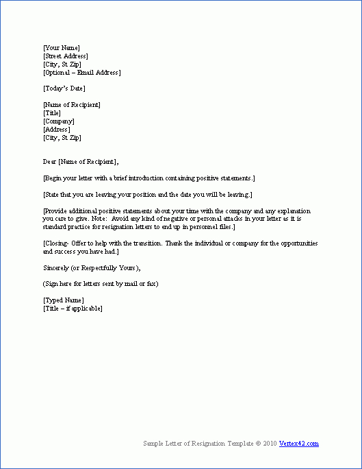 Download The Resignation Letter Template From Vertex42 inside Free Sample Letter Of Resignation Template