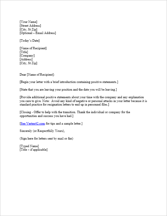 Download The Resignation Letter Template From Vertex42 throughout Draft Letter Of Resignation Template