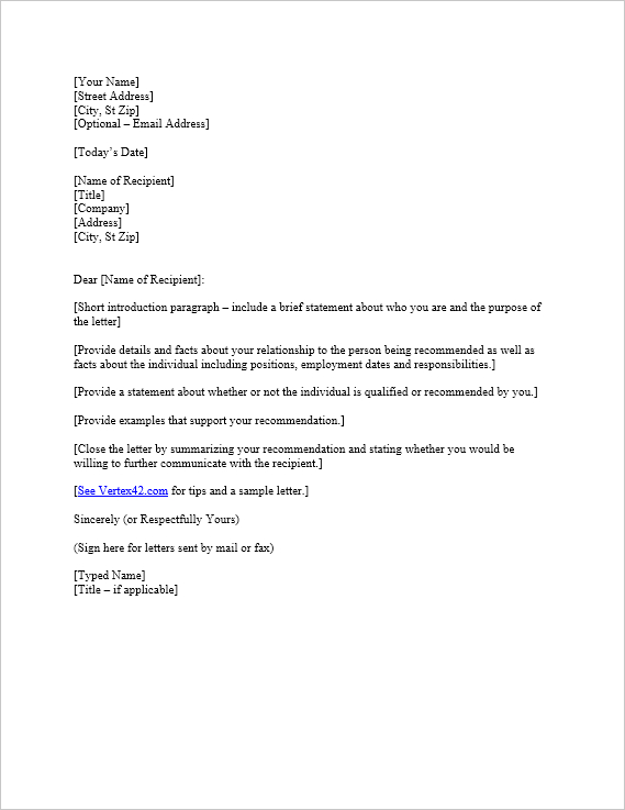 Free Letter Of Reference Template | Recommendation Letter regarding Letter Of Rec Template