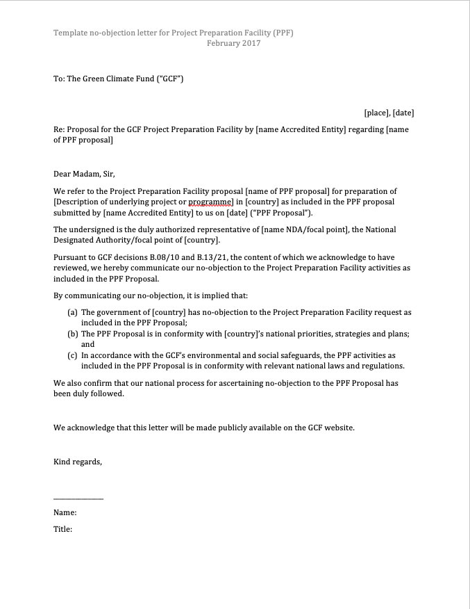 No-Objection Letter For The Project Preparation Facility within Letter Of Objection Template