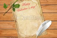 Old Vintage Paper, Red Rose And Feather Pen On Wooden Table within Olden Day Letter Template