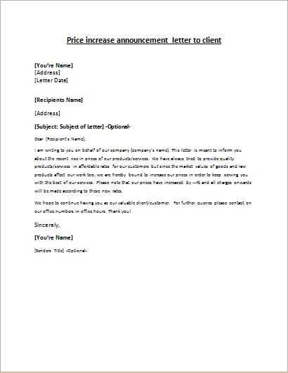 Price Increase Announcement Letter To Client | Price with regard to Price Increase Letter Template