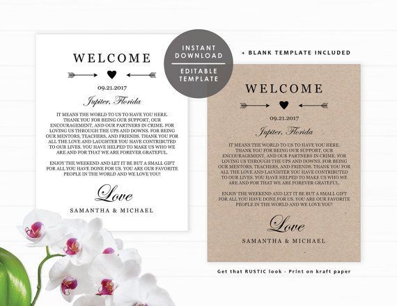 Printable Welcome Letter, Wedding Welcome Bag Note, Welcome with Welcome Bag Letter Template