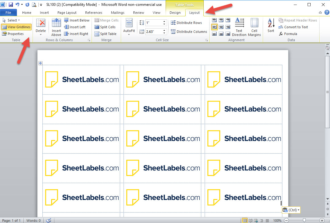 How To Turn On The Label Template Gridlines In Ms Word intended for Microsoft Word Label Printing Templates