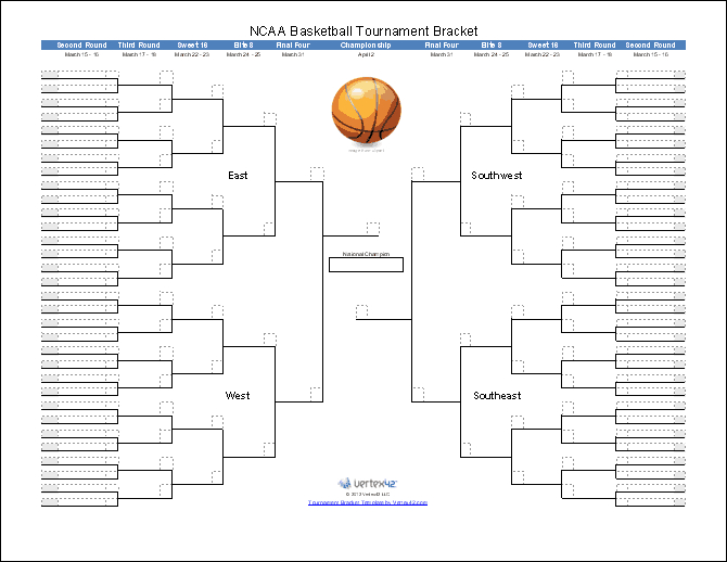 Tournament Bracket Templates For Excel - 2020 March Madness in Blank March Madness Bracket Template