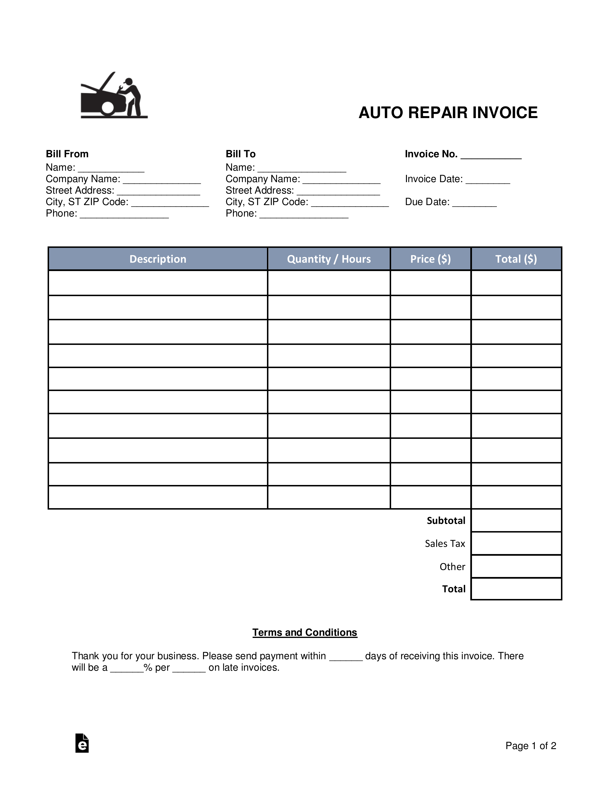 Free Auto Body (Mechanic) Invoice Template - Word | Pdf within Auto Repair Invoice Template Word