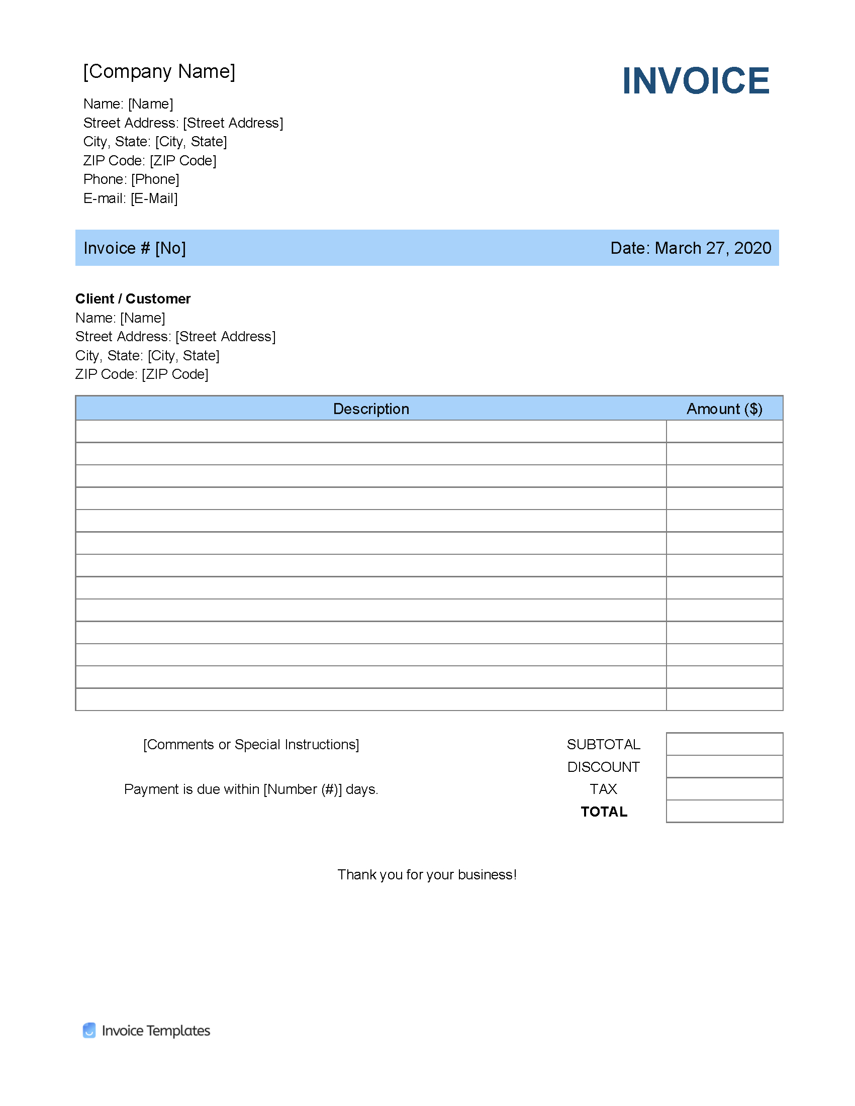 Free Blank Invoice Templates In Pdf, Word, &amp; Excel in Generic Invoice Template Word