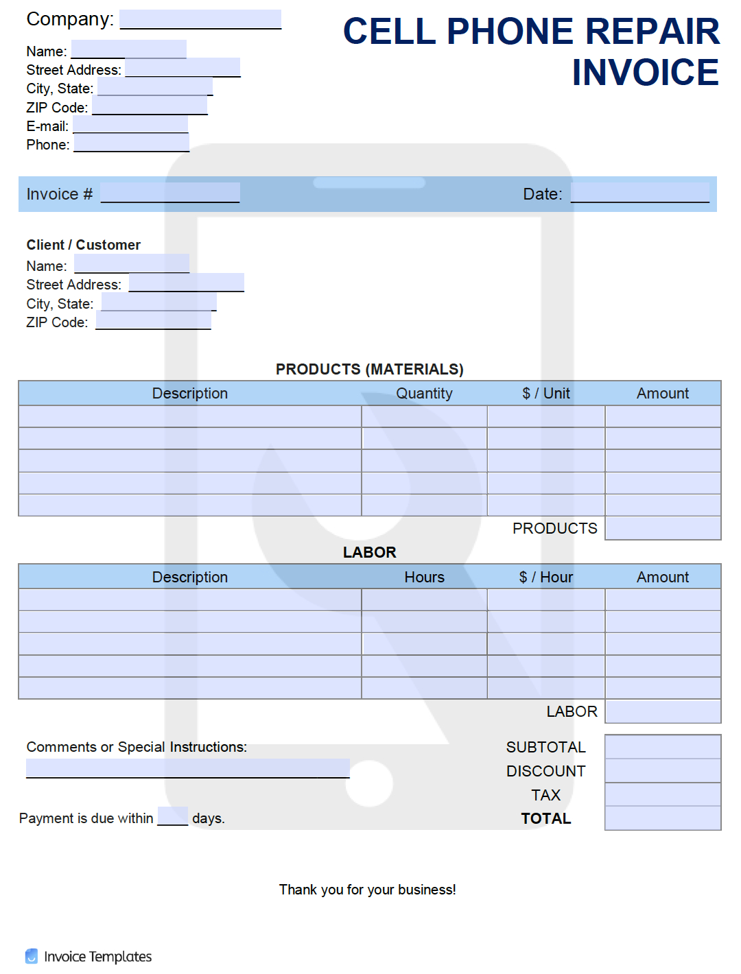 Free Cell Phone Repair Invoice Template | Pdf | Word | Excel intended for Cell Phone Repair Invoice Template