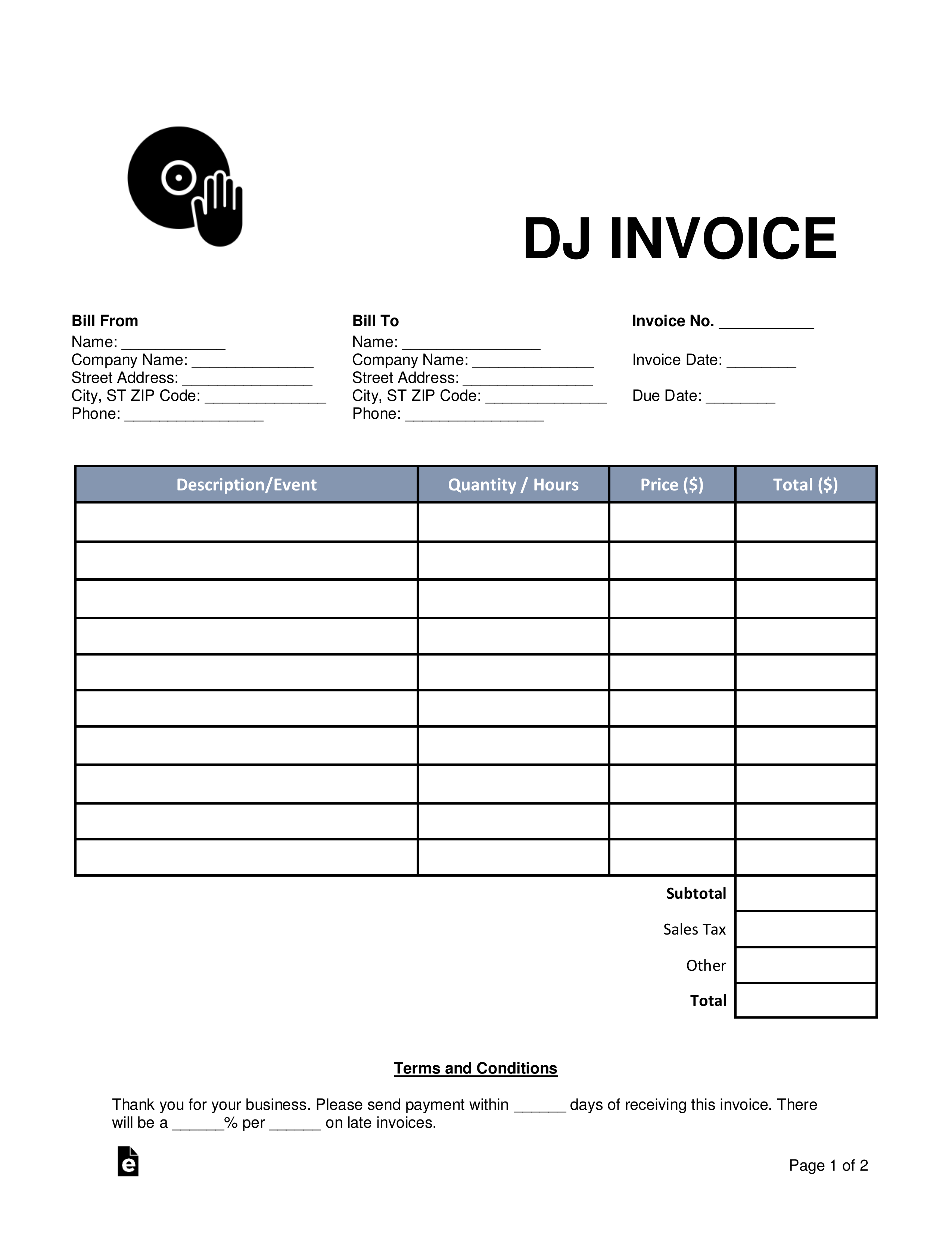 Free Dj (Disc Jockey) Invoice Template - Word | Pdf | Eforms in Invoice Template For Dj Services