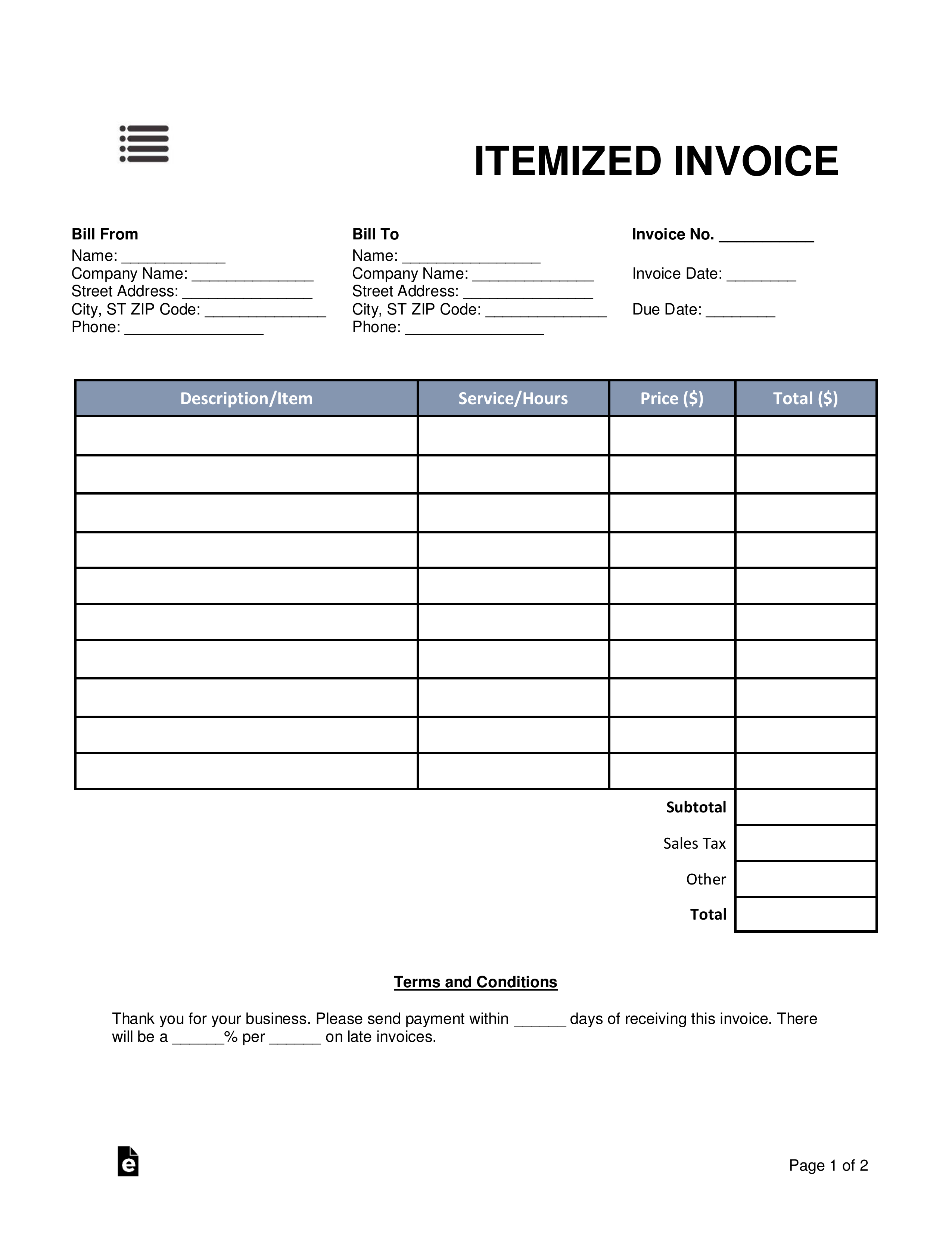 Free Itemized Invoice Template - Word | Pdf | Eforms – Free within Itemized Invoice Template