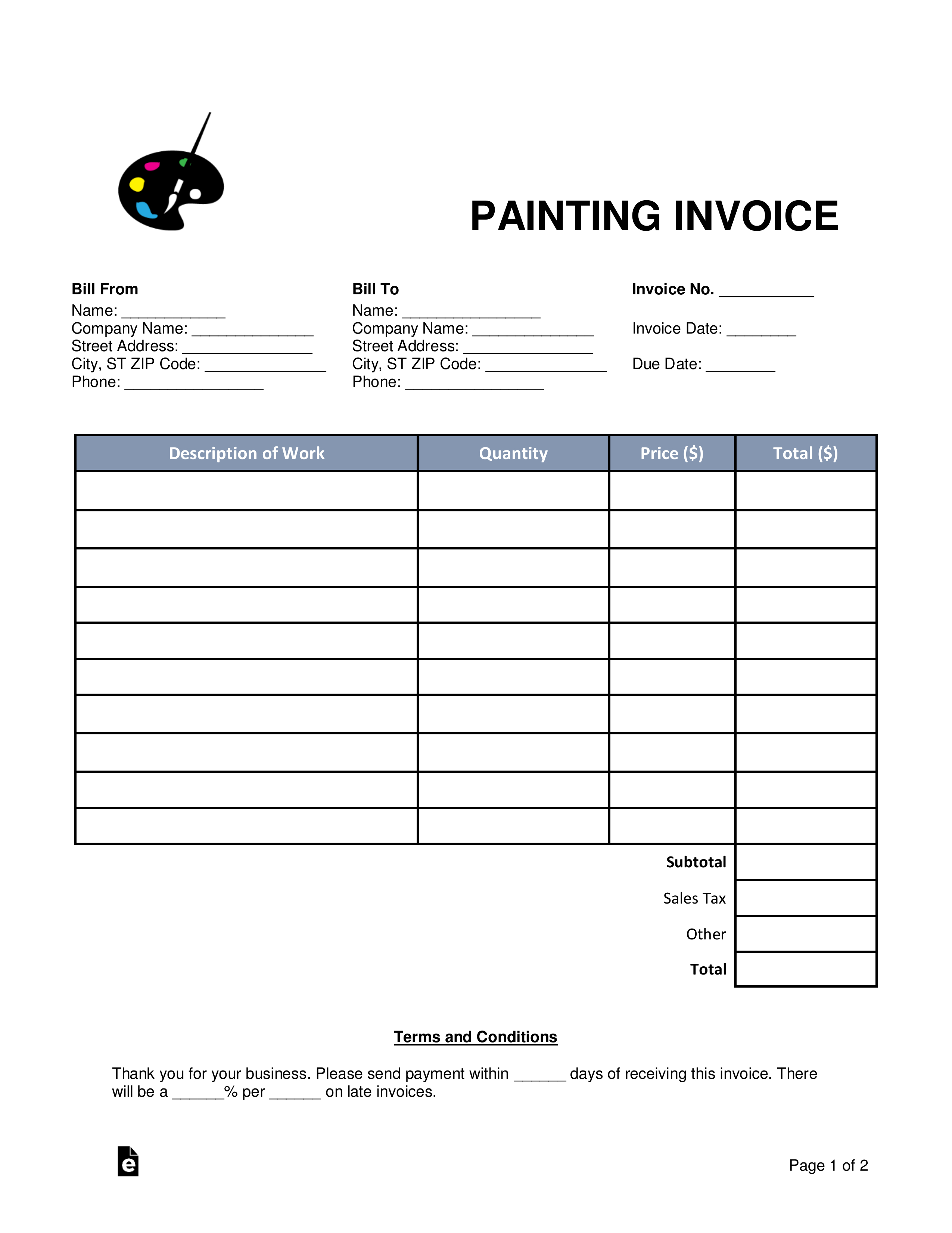 Free Painting Invoice Template - Word | Pdf | Eforms – Free in Painter Invoice Template