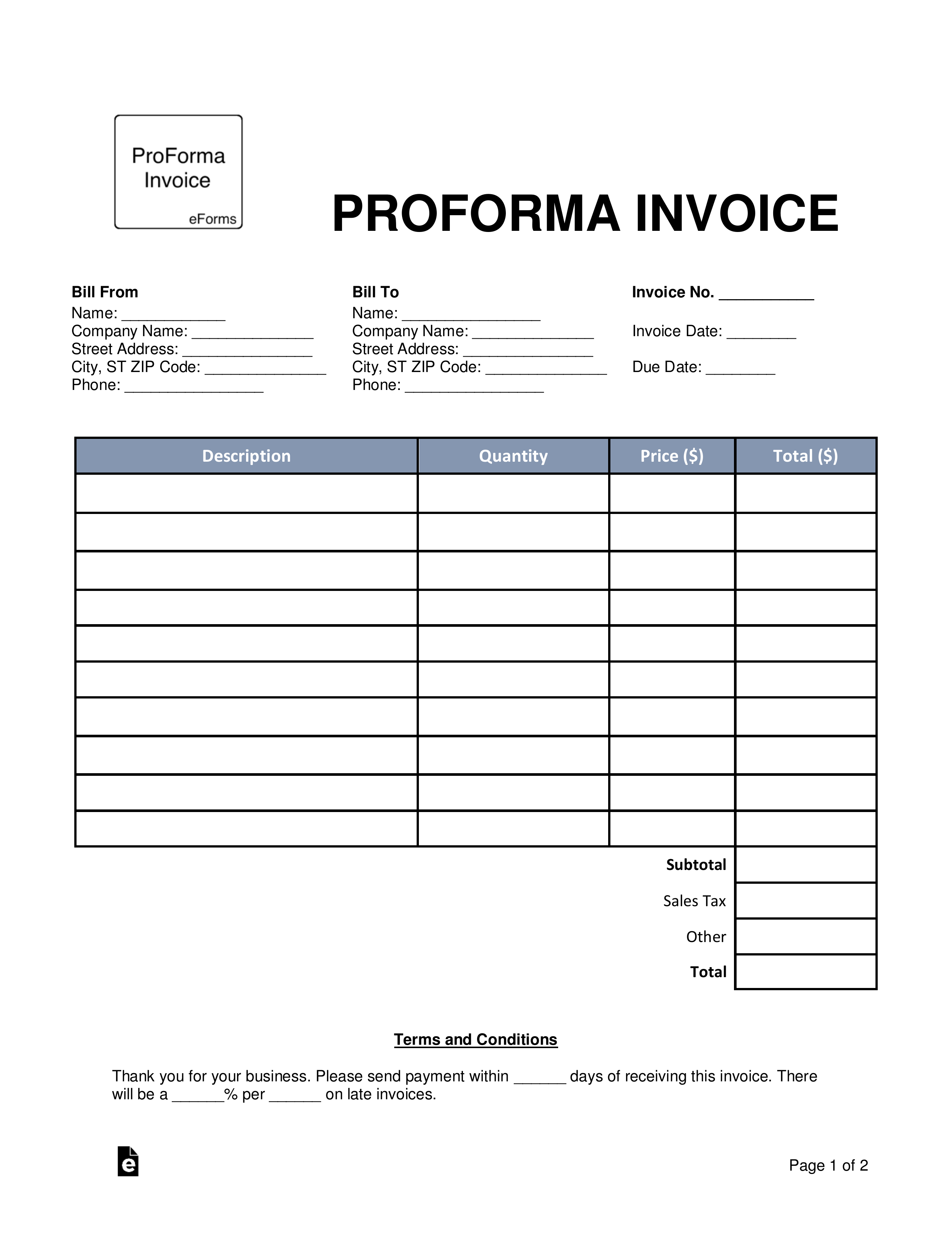 Free Proforma Invoice Template - Word | Pdf | Eforms – Free with regard to Free Proforma Invoice Template Word
