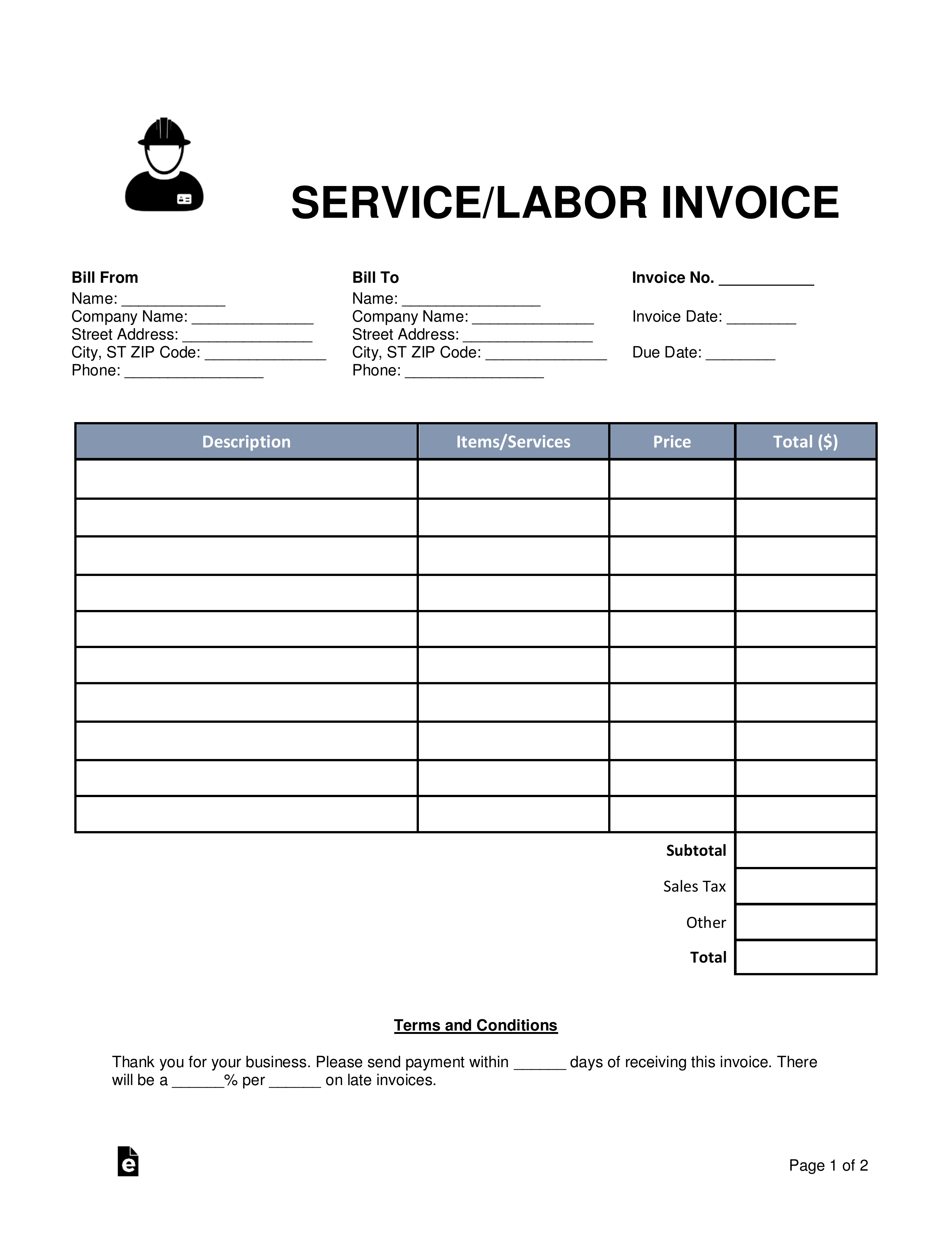 Free Service/labor Invoice Template - Word | Pdf | Eforms with Labor Invoice Template Word