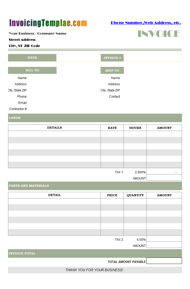 Parts And Labor Invoicing Format intended for Parts And Labor Invoice Template Free