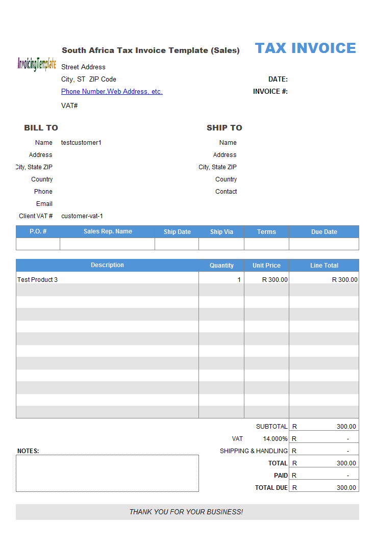 South Africa Tax Invoice Template (Sales) for South African Invoice Template