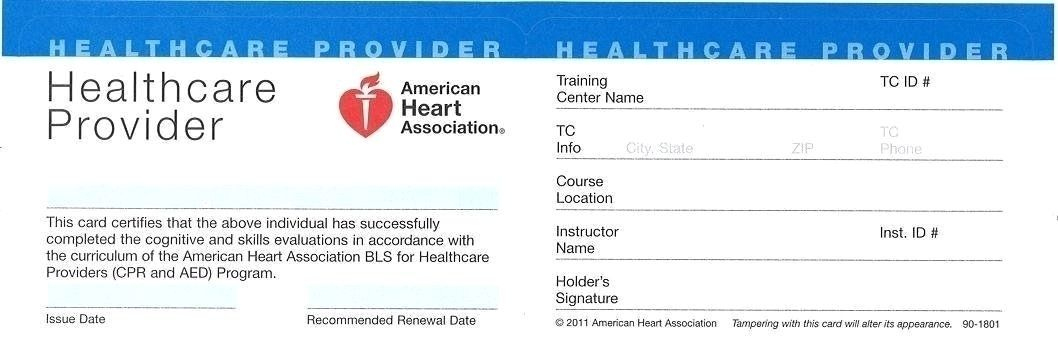 American Heart Association Healthcare Provider Cpr Card within Cpr Card Template