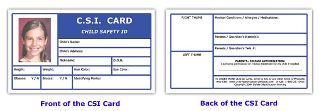 C.s.i. - Child Safety Id Cards, Csi Cards For Children | Id inside Id Card Template For Kids
