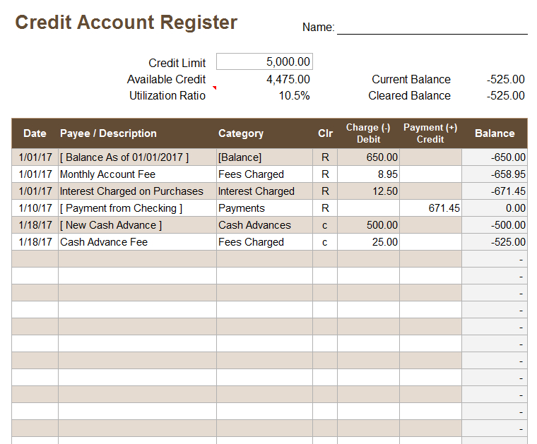 Credit Account Register Template in Credit Card Statement Template Excel