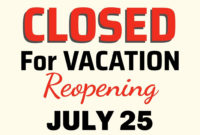 Closed For Vacation Templates pertaining to Best Business Closed Sign Template
