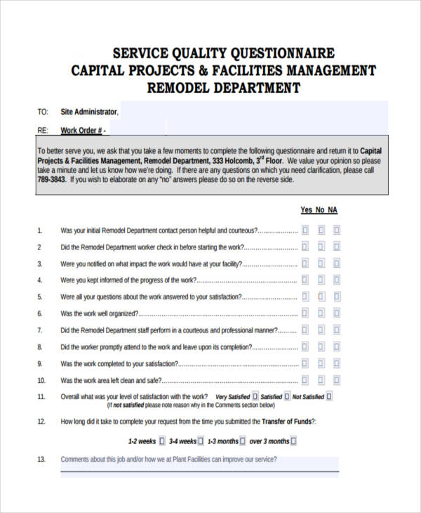 Free 7+ Service Questionnaire Examples &amp; Samples In Pdf with regard to Awesome Business Process Questionnaire Template