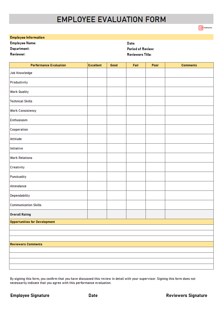 Free Employee Evaluation Form [Simple Printable Word, Pdf pertaining to Business Requirements Questionnaire Template