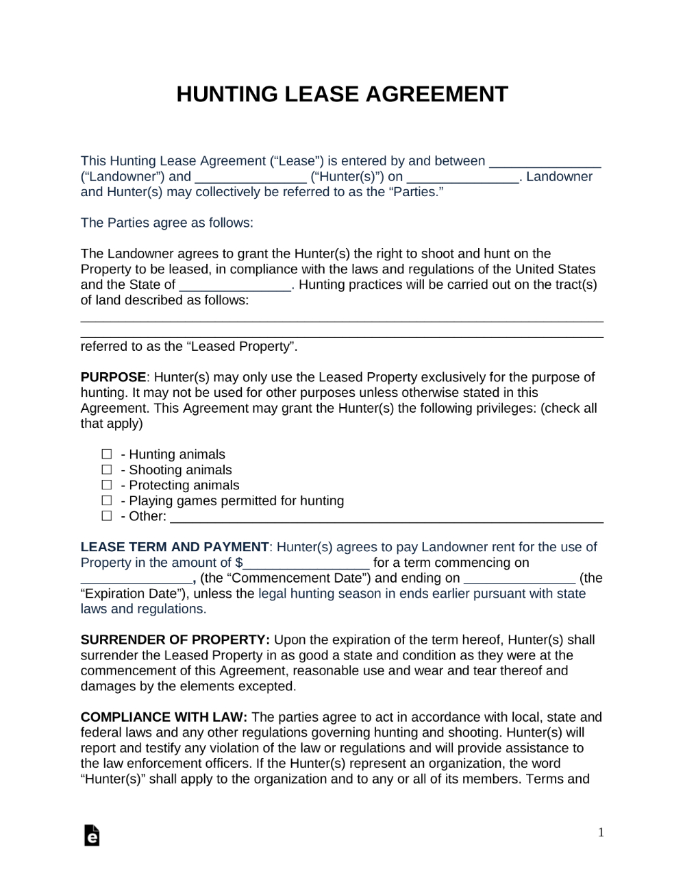 Free Hunting Lease Agreement - Pdf | Word | Eforms - Free with regard to Farm Business Tenancy Template