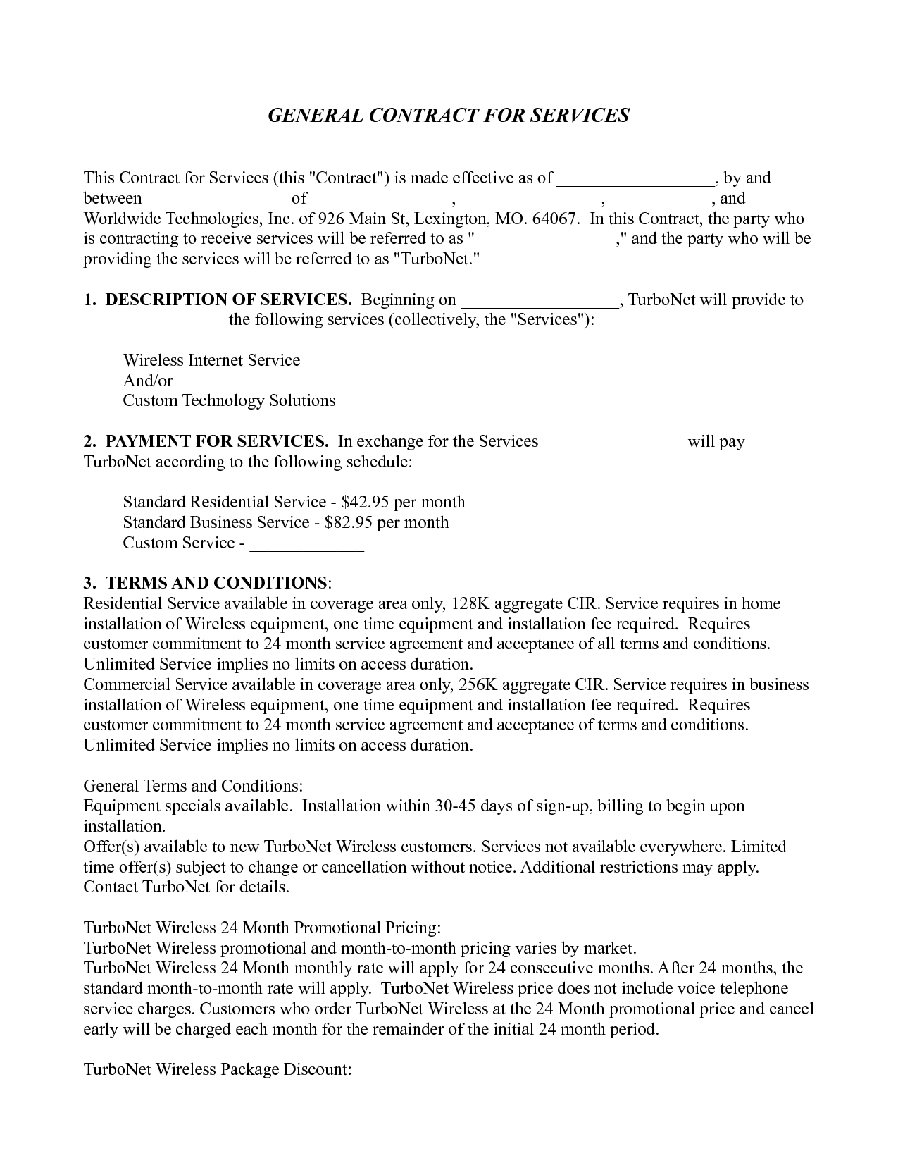 General Contract For Services Template - Free Printable intended for General Contractor Business Plan Template
