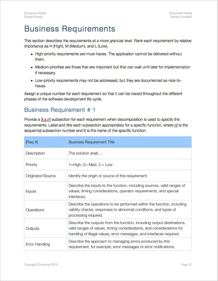 Geschäftsanforderungen Vorlagen / Business Requirements for Software Business Requirements Document Template
